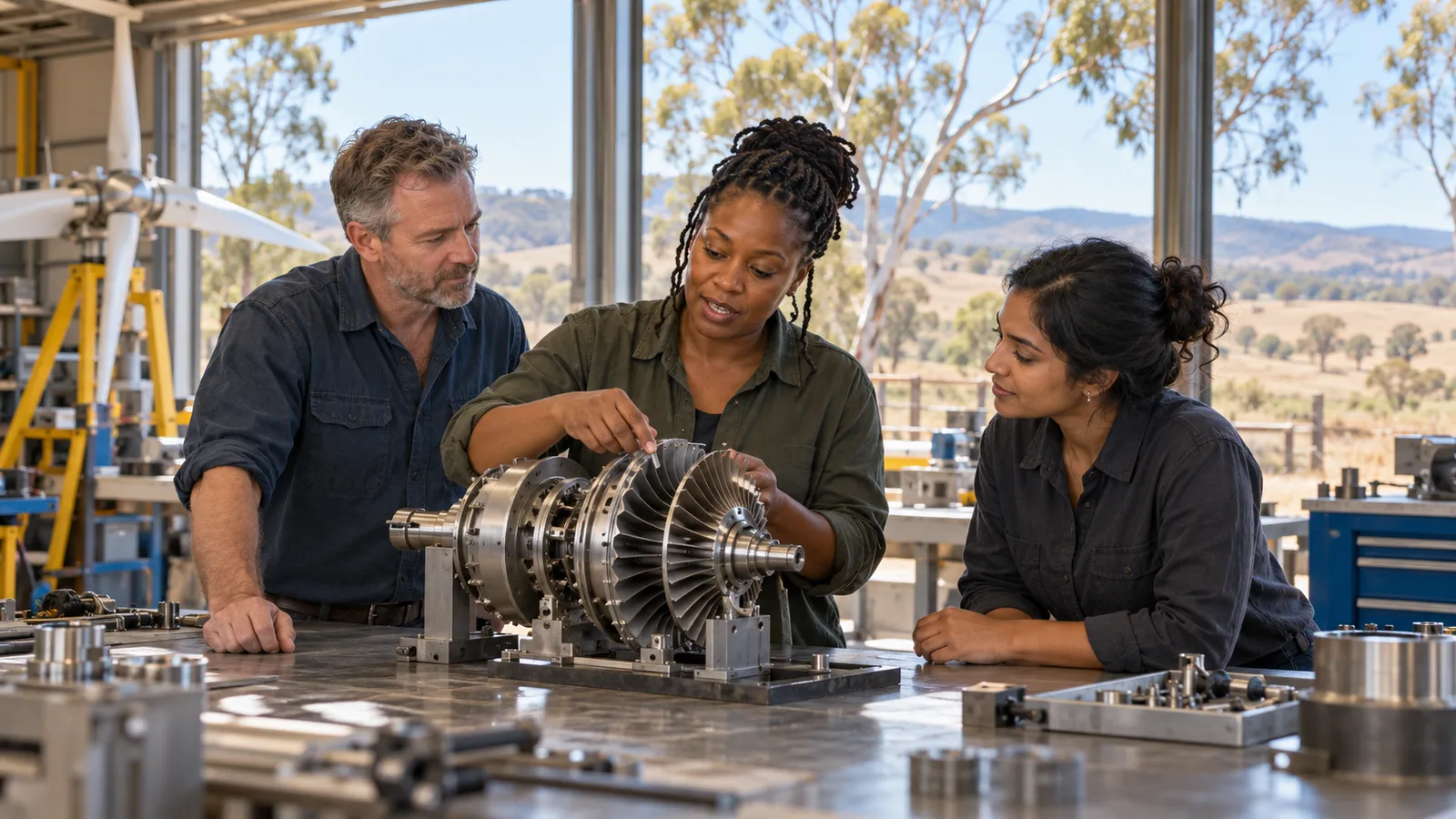 Three engineers examine a turbine assembly in a sunlit workshop overlooking eucalyptus trees and rural Australian hills.