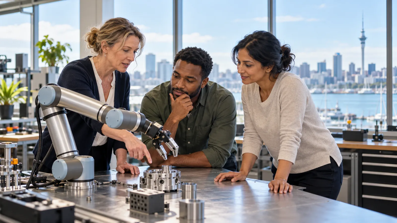 Three engineers examine a robotic arm and metal components in a sunlit workshop overlooking Auckland harbour.