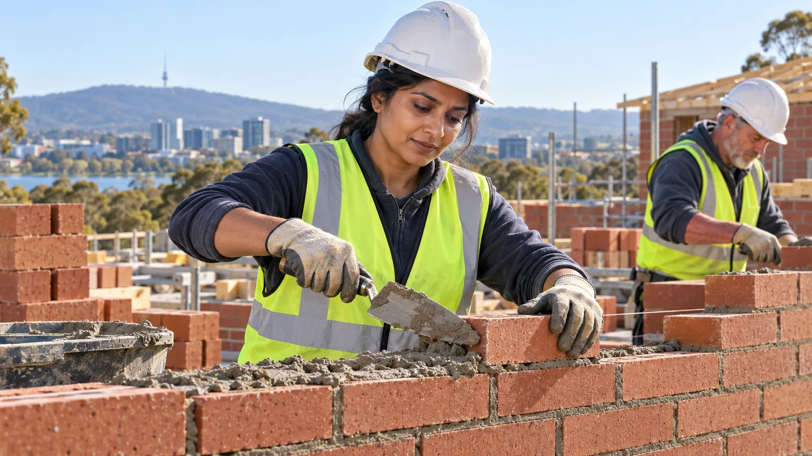 A woman lays red bricks beside a male colleague on a sunny Canberra construction site, with the city and hills behind them.