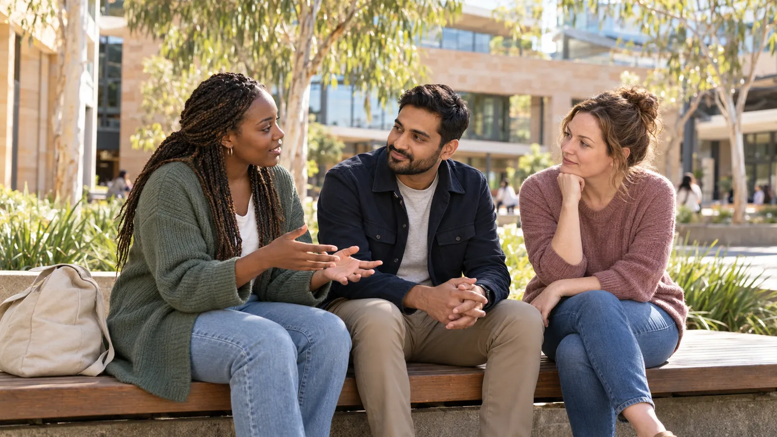 Three adult students sit on a wooden bench, chatting in a sunny Australian college courtyard shaded by eucalyptus trees.