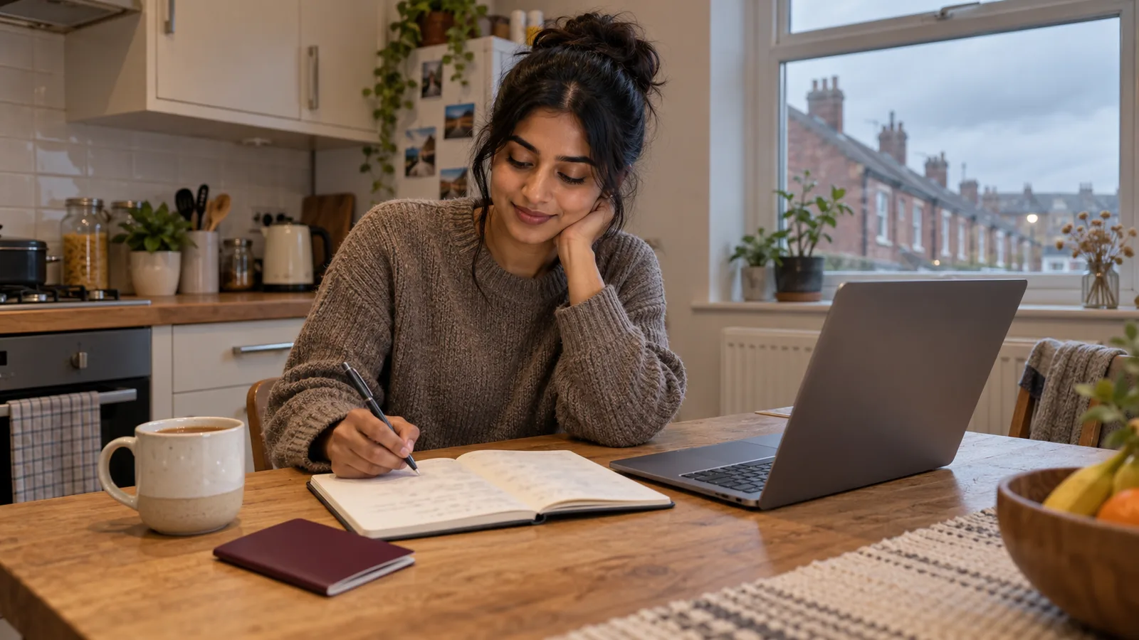 A young woman plans her Australian working holiday budget at a kitchen table with a laptop, notebook and mug of tea.