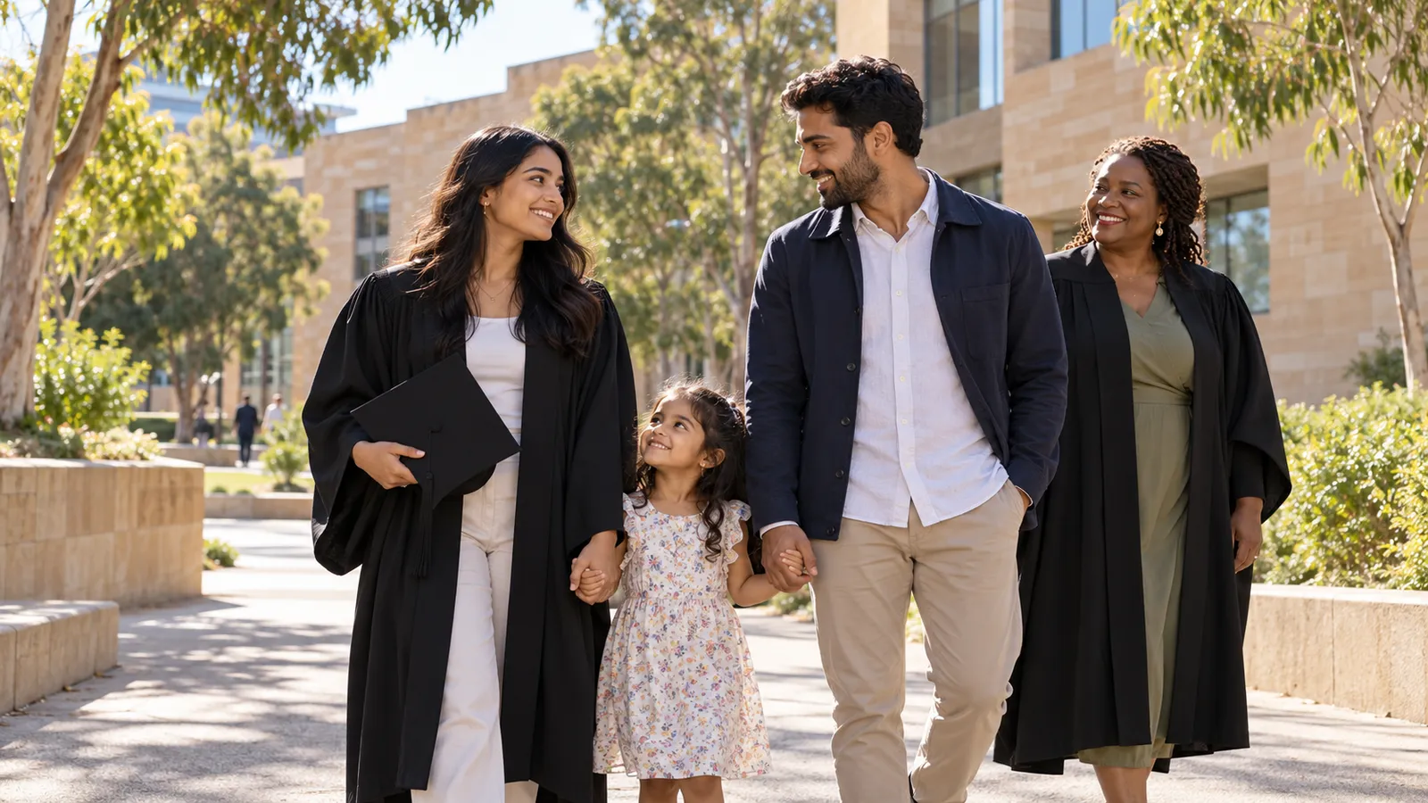 Two women in graduation gowns walk with a man and a young girl through a sunlit Australian university campus.