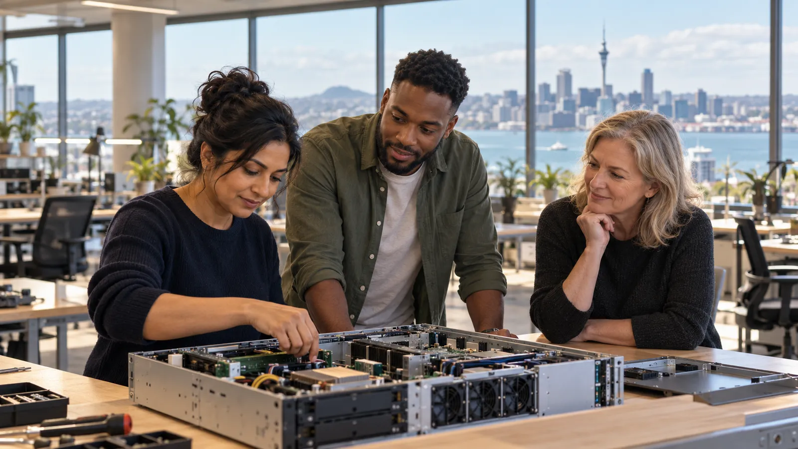 Three colleagues examine an open server in a sunlit technology workshop overlooking Auckland’s harbour and skyline.