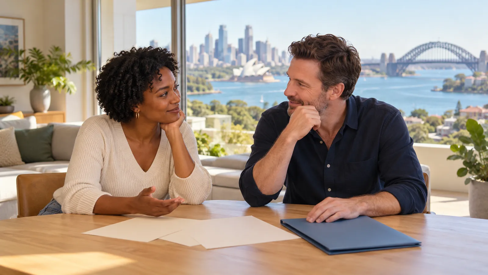 A couple talk over blank papers and a blue folder at a sunlit table, with Sydney Harbour visible through the window.