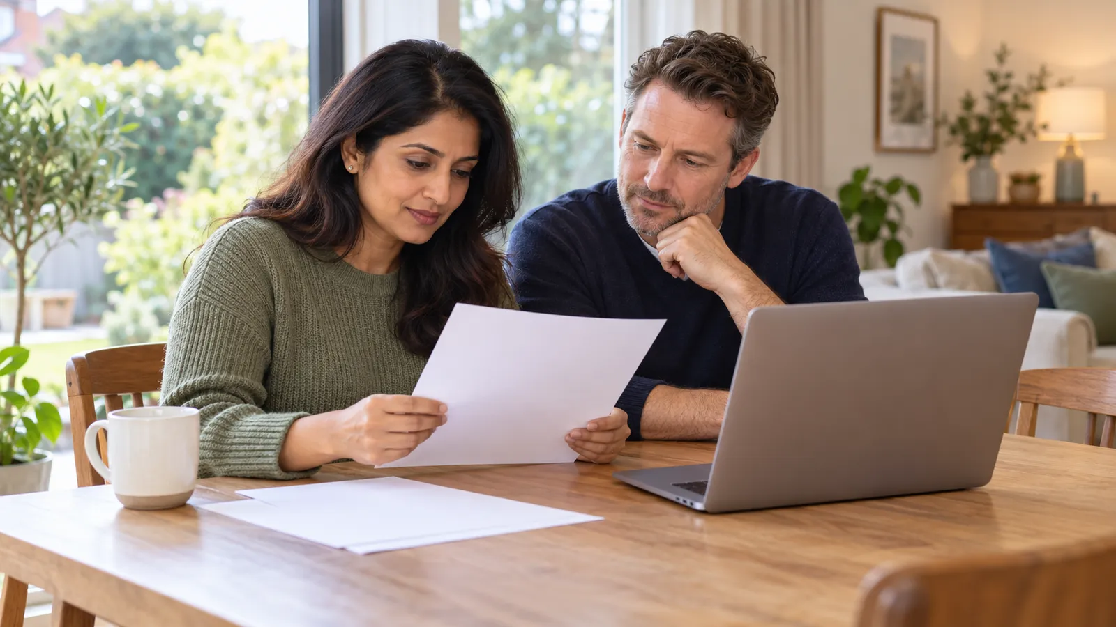 A woman and man review papers beside a laptop at a wooden dining table in a bright home.