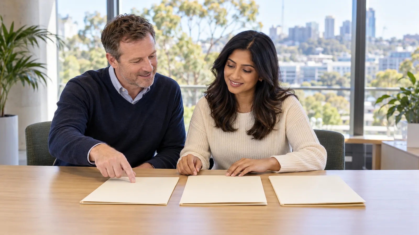 A woman and man review three blank folders at a sunlit office table overlooking an Australian city.