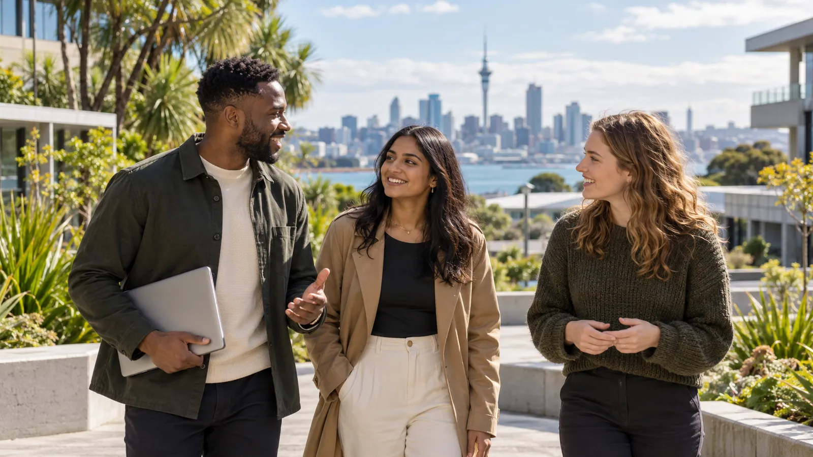 Three young adults chat in a sunny campus courtyard with Auckland’s skyline and Sky Tower behind them.