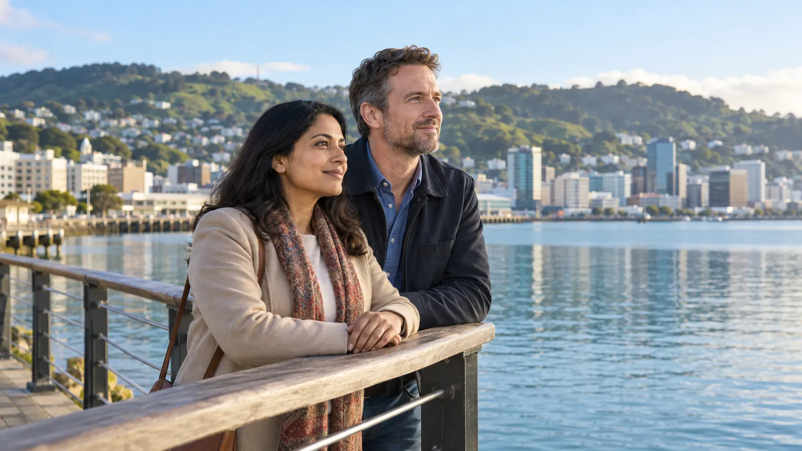 A woman and man lean on a waterfront railing overlooking Wellington harbour, with city buildings and green hills behind them.