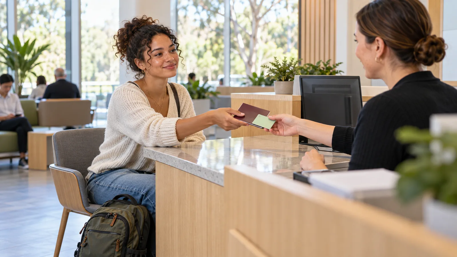 A young British traveller hands her passport and health card to a worker at a bright Australian service counter.