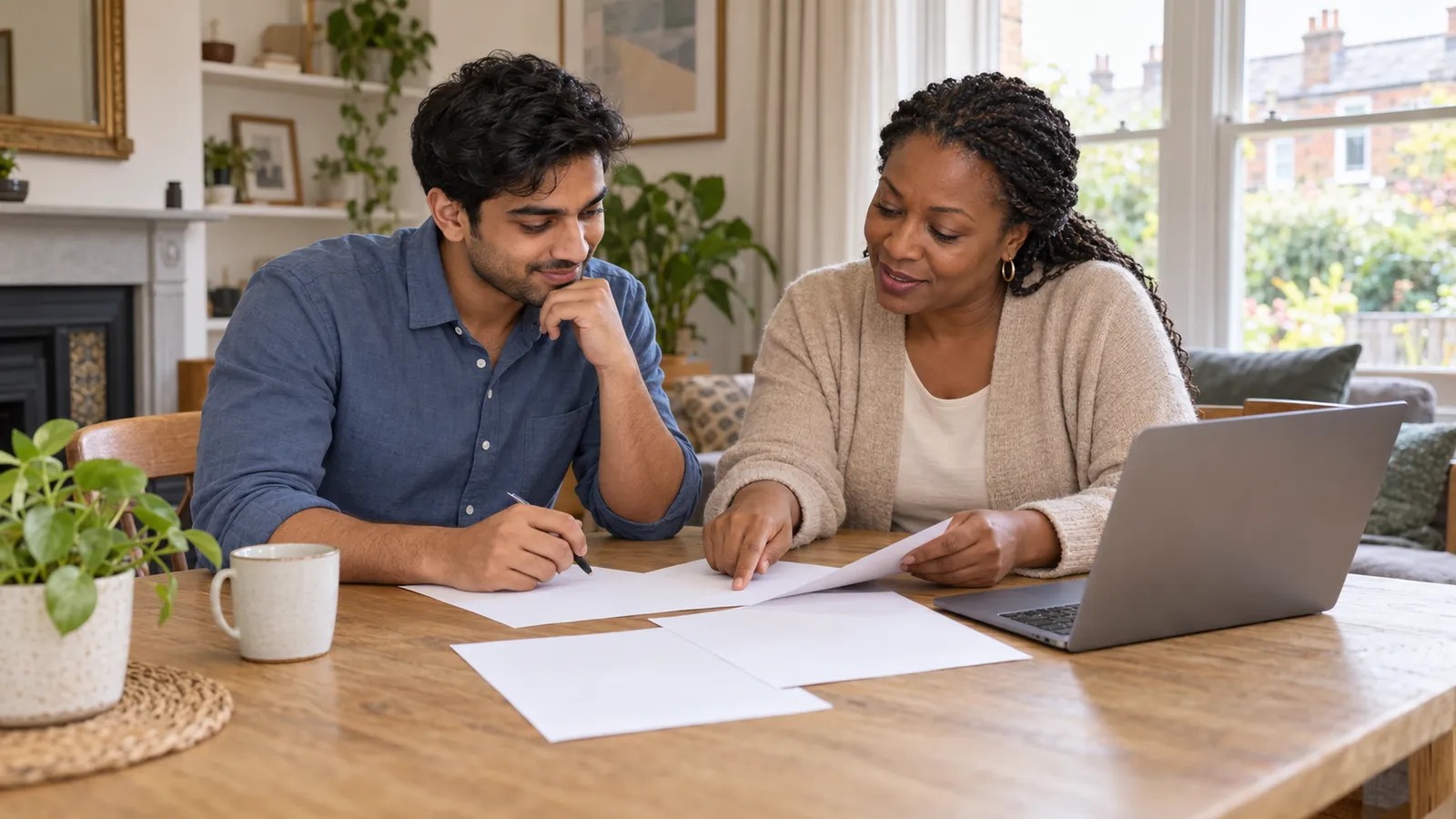 A young man and an adviser review papers beside a laptop at a sunlit wooden table in a British home.