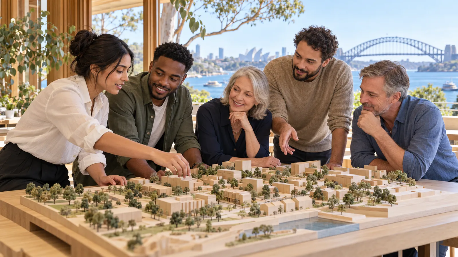 Five colleagues of different ages discuss an architectural model in a sunlit workplace overlooking Sydney Harbour.