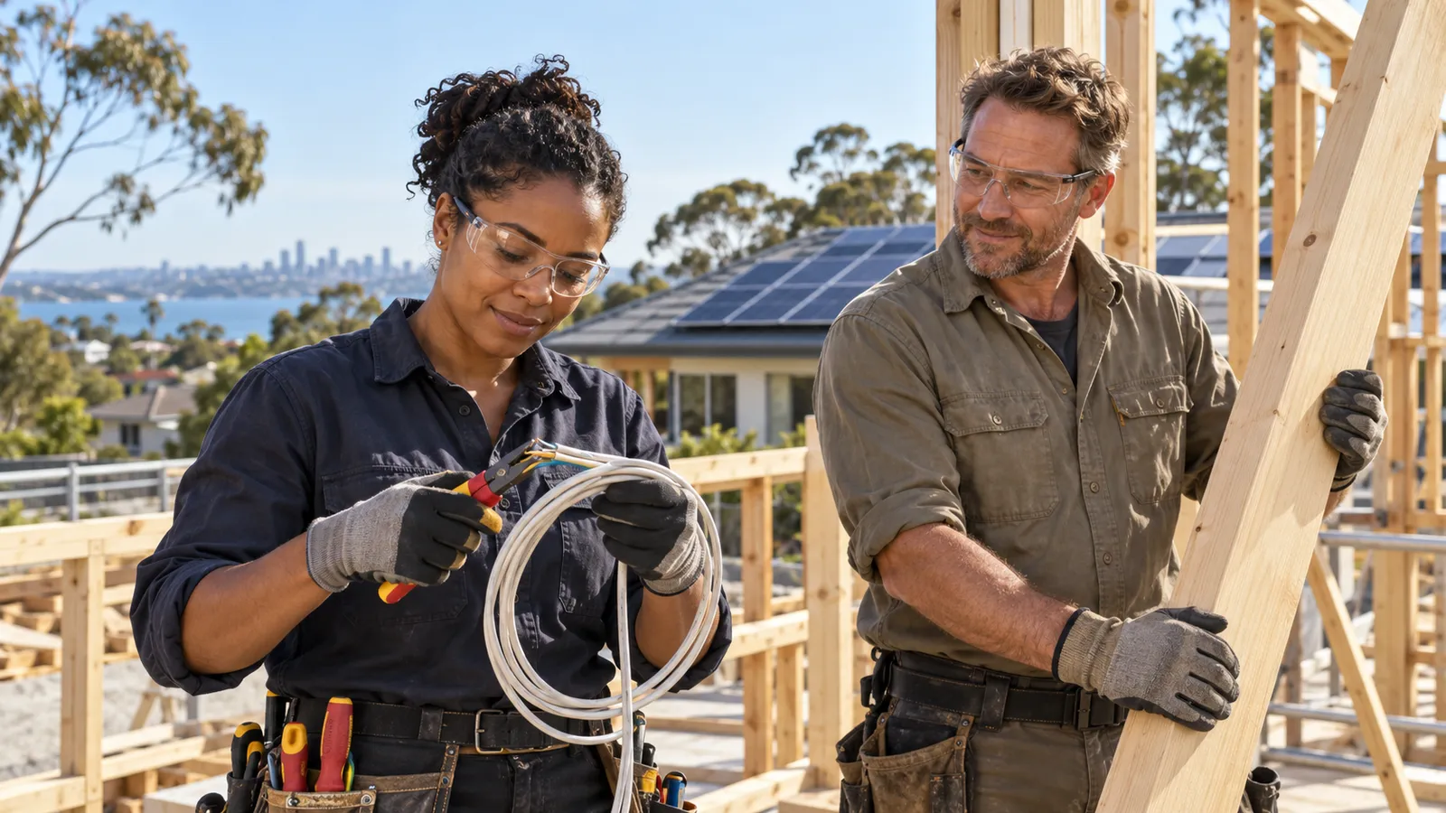 An electrician handles cable beside a carpenter holding timber at an Australian building site, with solar panels behind them.