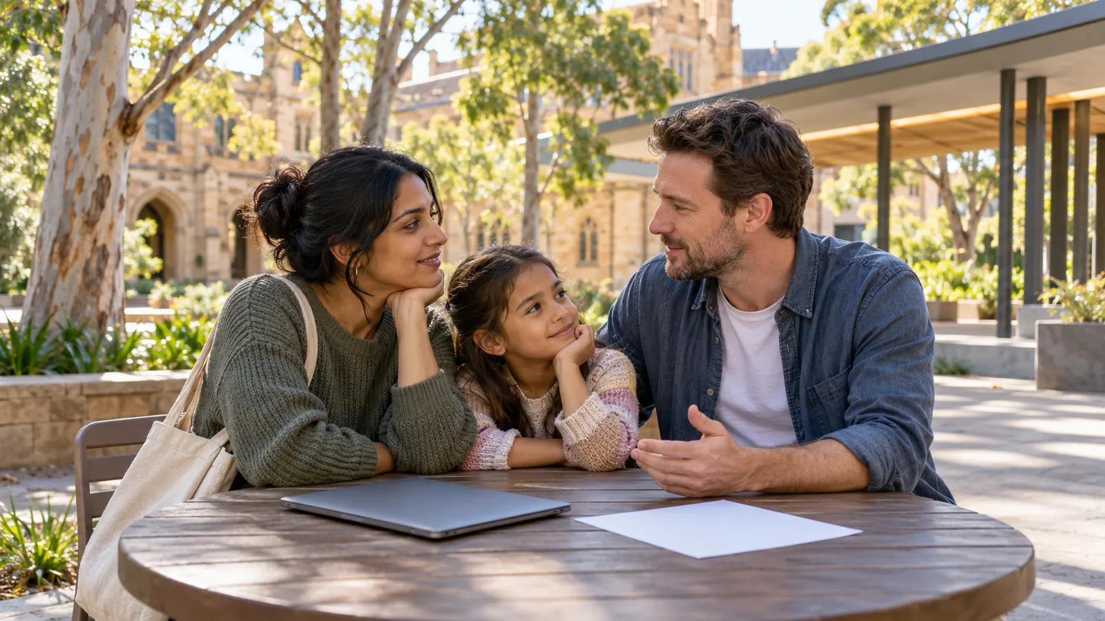 A family chats at an outdoor table on an Australian university campus, with a closed laptop and blank paper in front of them.