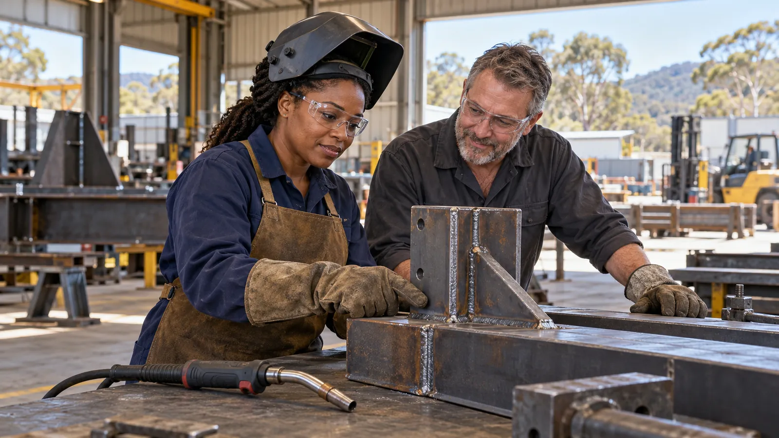 Two welders in protective workwear inspect a welded steel joint in a sunlit Australian fabrication workshop.