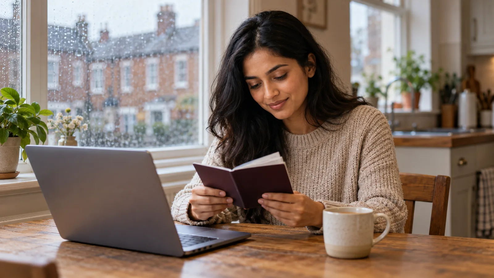 A woman checks her passport at a kitchen table beside a laptop and mug of tea, with rain on the window behind her.