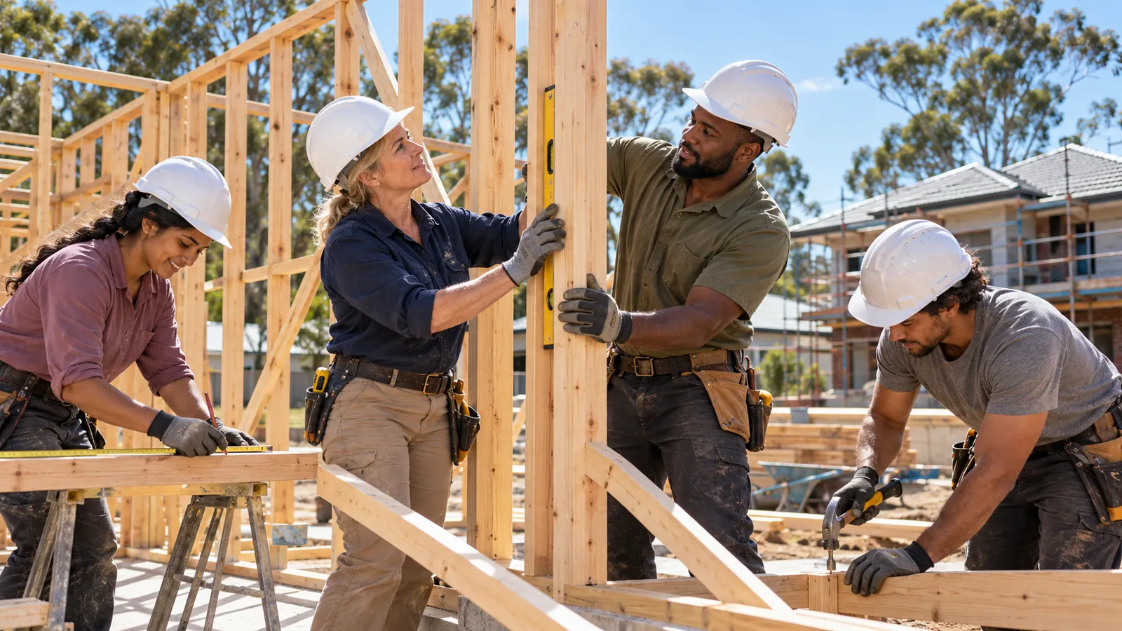 Four tradespeople in hard hats work together on the timber frame of a new home at a sunny Australian building site.