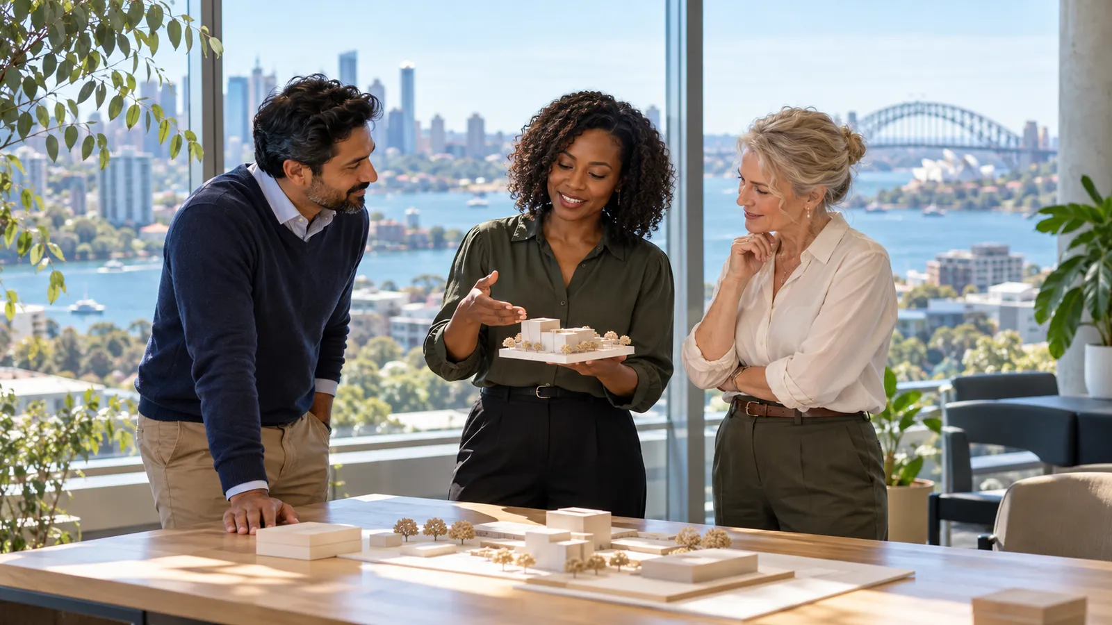 Three colleagues discuss an architectural model in a sunlit office overlooking Sydney Harbour.