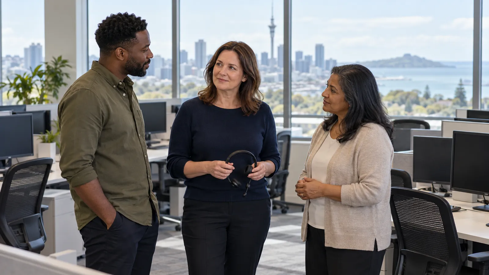 Three colleagues talk in a bright Auckland call centre, with one holding a headset beside empty desks and dark monitors.