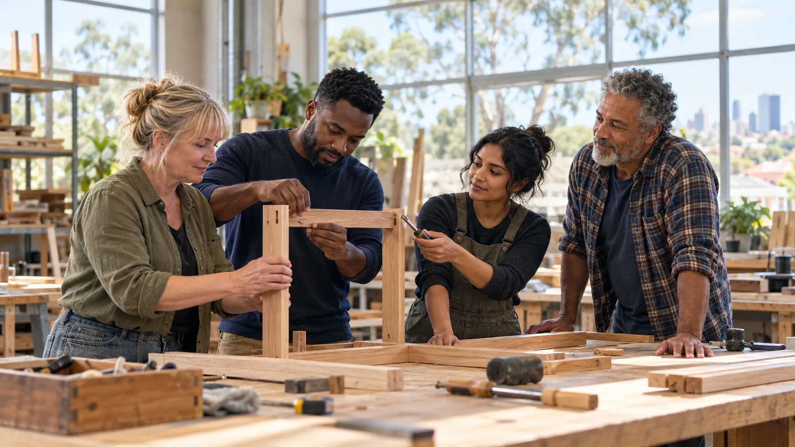 Four colleagues of varied ages assemble a wooden frame together in a sunlit Australian workshop.