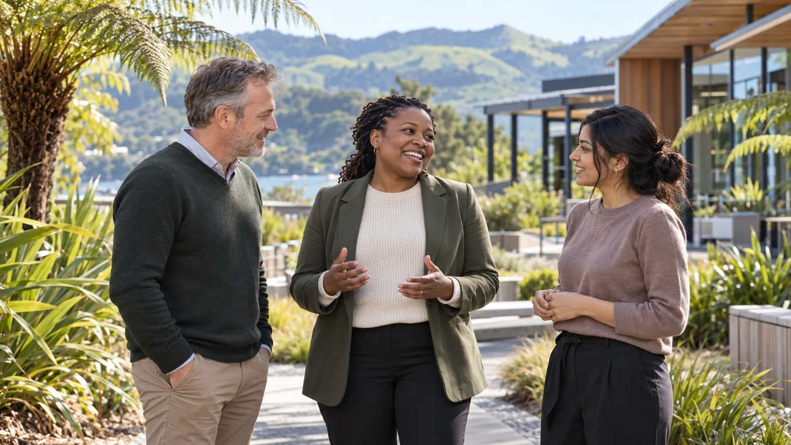Three colleagues chat in a sunny New Zealand workplace courtyard, surrounded by native plants and green hills.