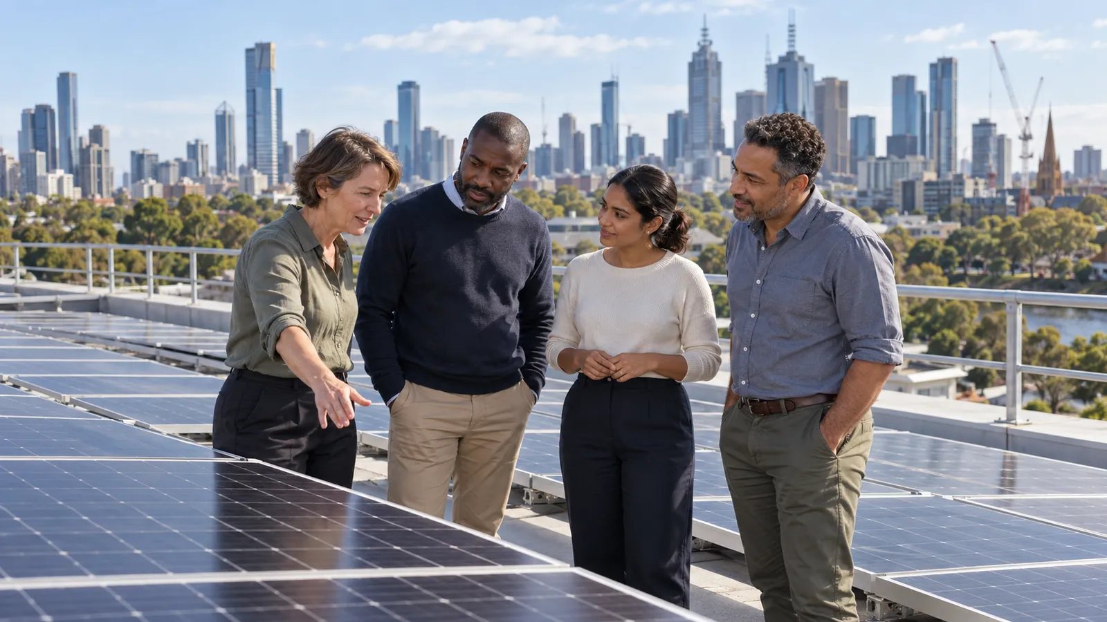 Four colleagues discuss rooftop solar panels in bright sunshine, with Melbourne’s skyline behind them.