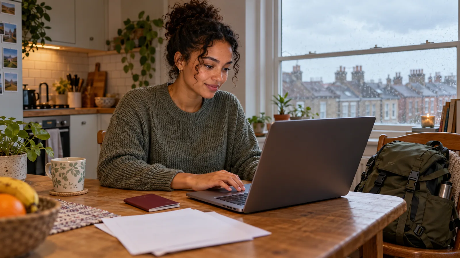 A young woman uses a laptop at a kitchen table in a UK flat, with a passport and packed rucksack nearby.