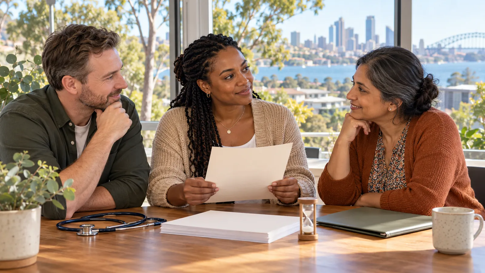 Three adults discuss paperwork at a sunlit table overlooking Sydney Harbour, with a stethoscope and sand timer beside them.