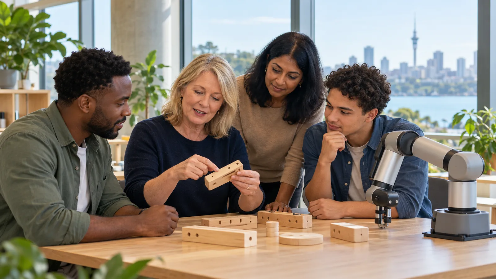 Four colleagues practise assembly skills beside a robotic arm in a sunlit Auckland workplace.