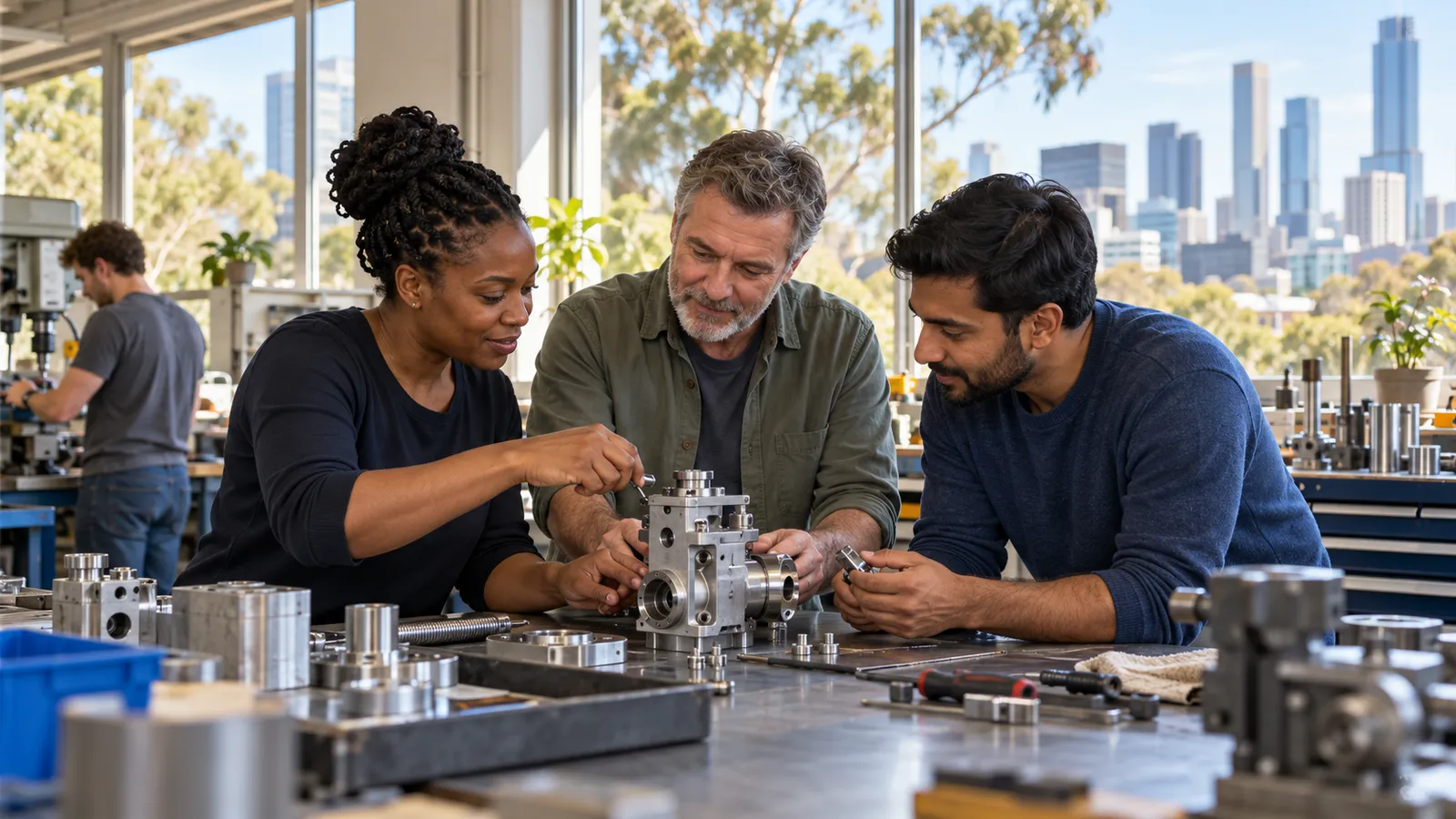 Three colleagues assemble a metal component in a sunlit workshop overlooking an Australian city skyline.