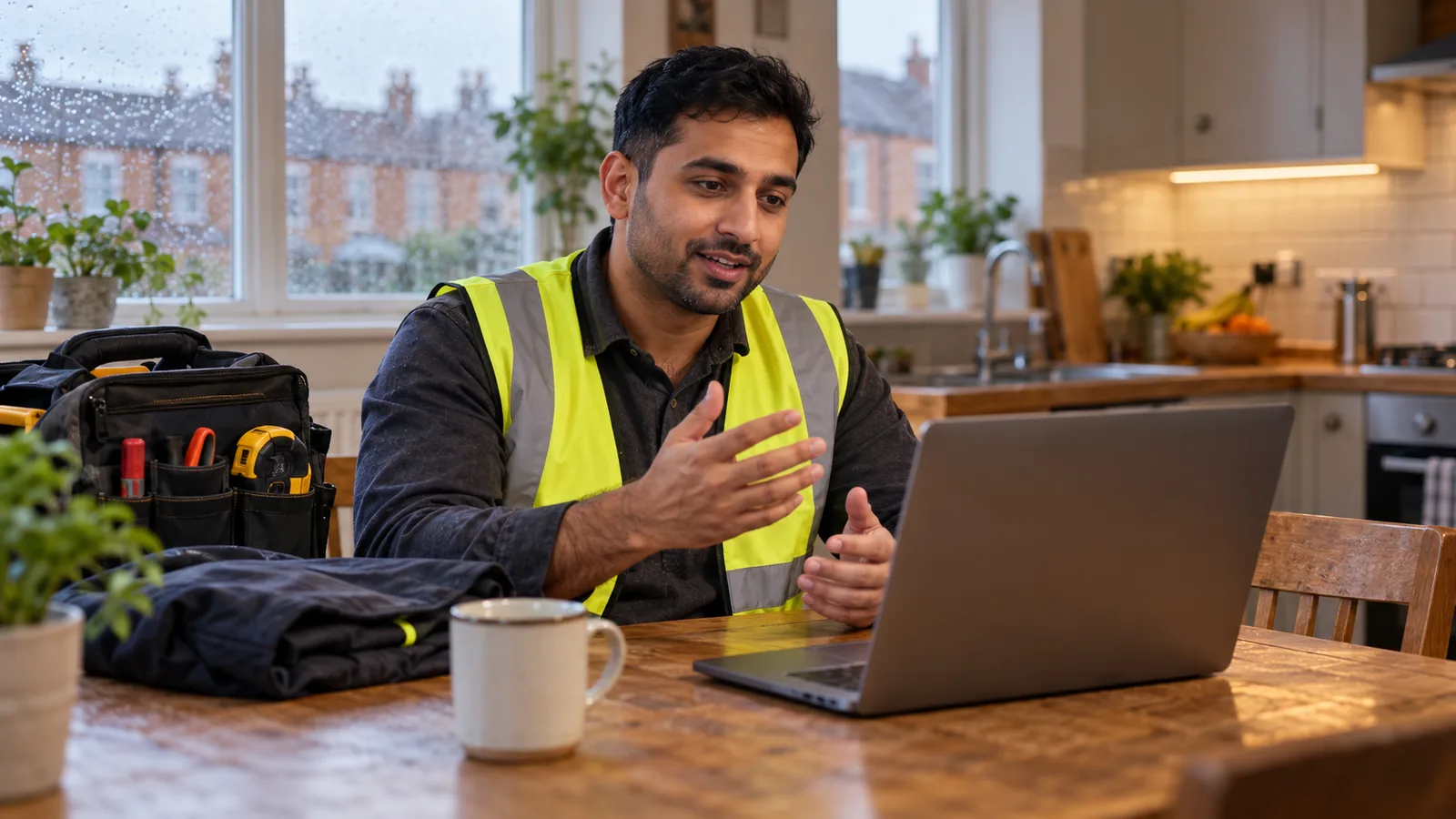Tradesman in a hi-vis vest on a laptop video call at a kitchen table, with a tool bag and folded jacket beside him.