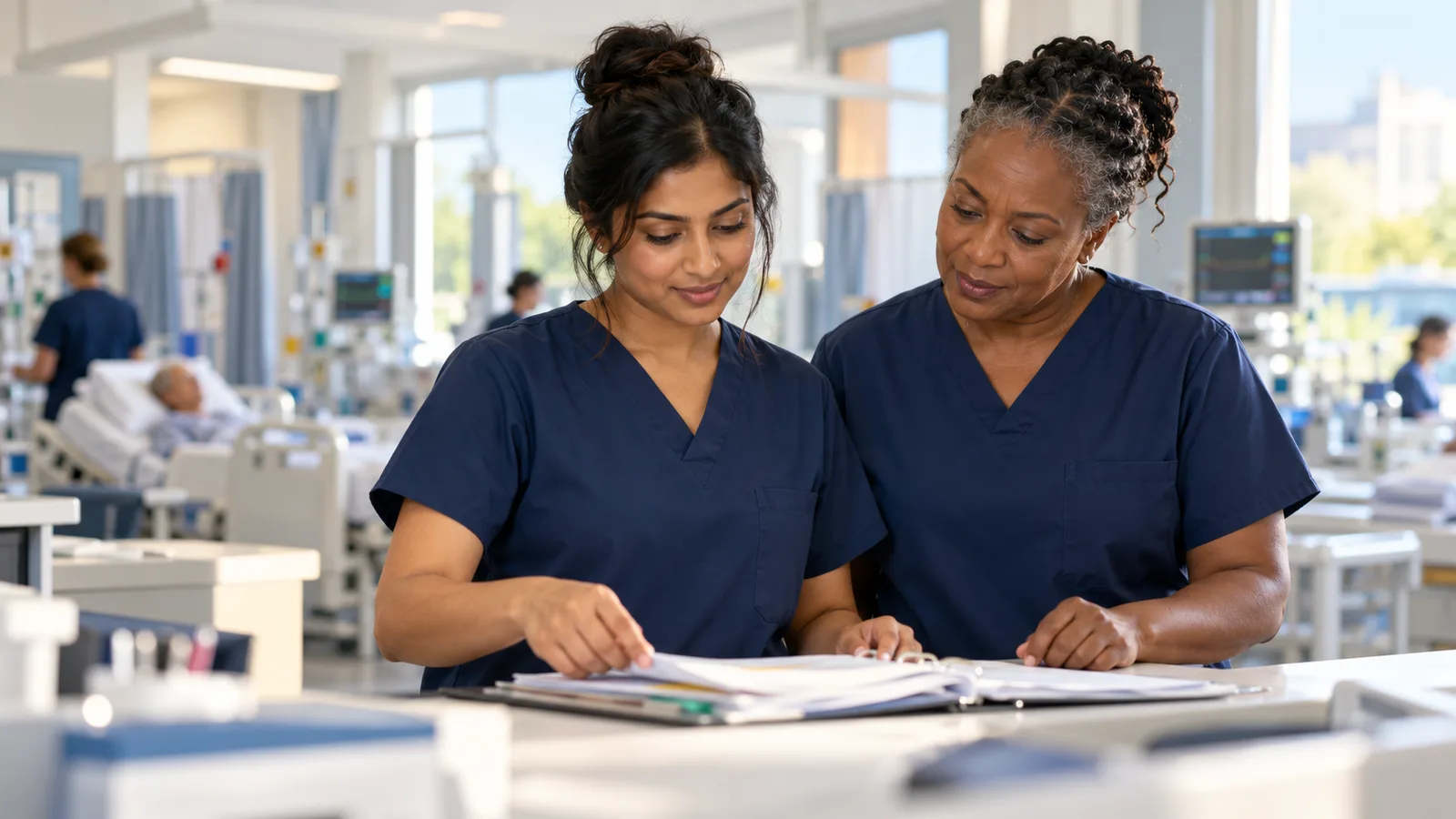 A nurse in navy scrubs reviews a patient chart with a senior colleague at a sunlit hospital ward station.