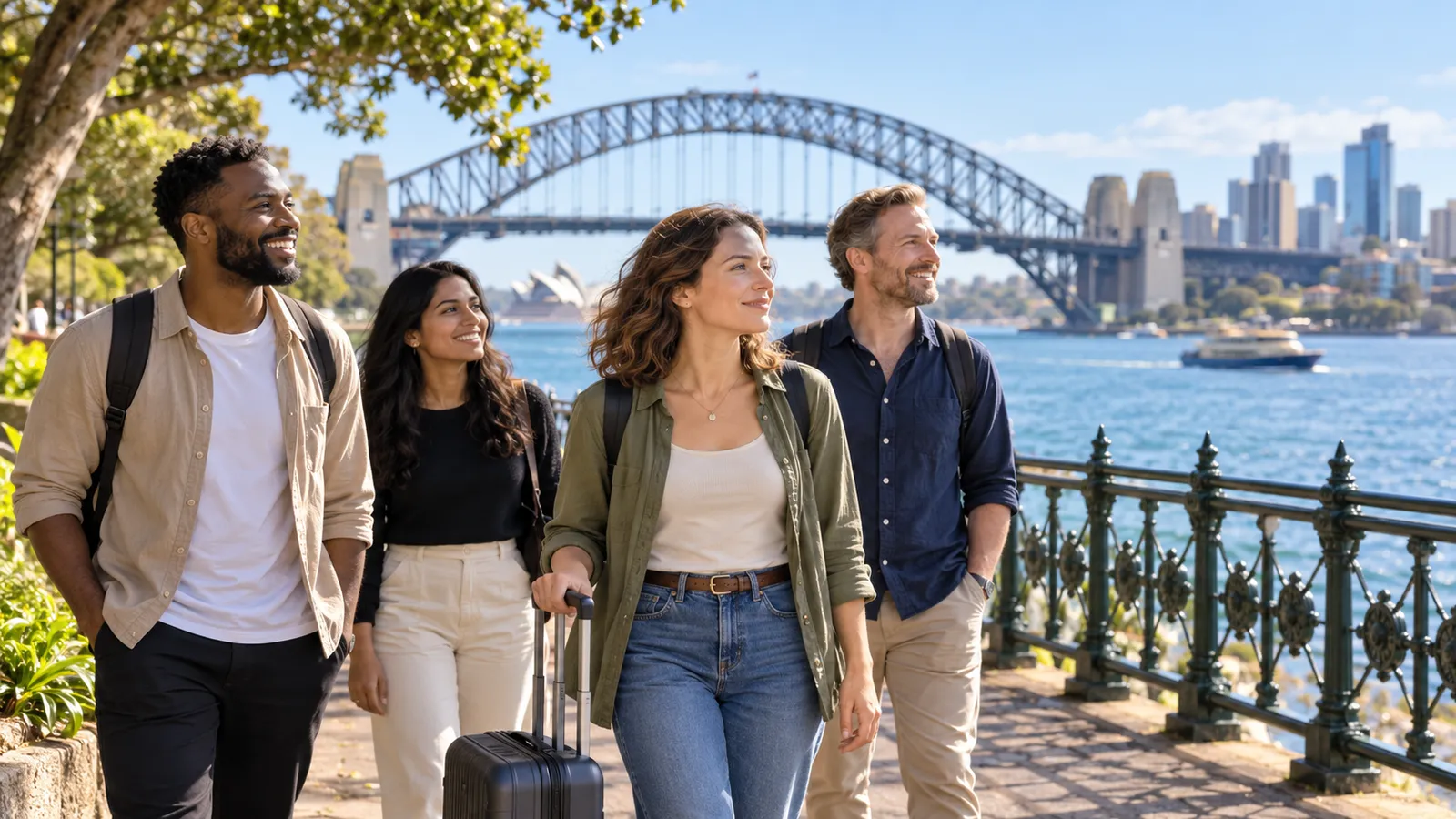 Four adults, one pulling a suitcase, walk beside Sydney Harbour with the Harbour Bridge behind them.