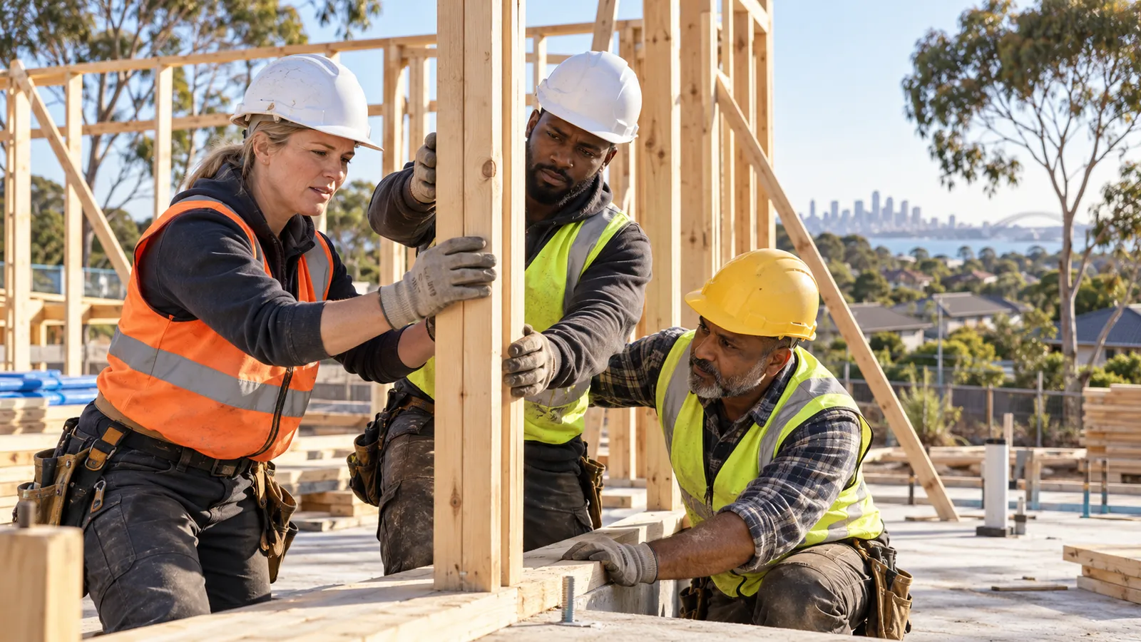 Three construction workers in hard hats align a timber house frame at a sunlit Australian building site.