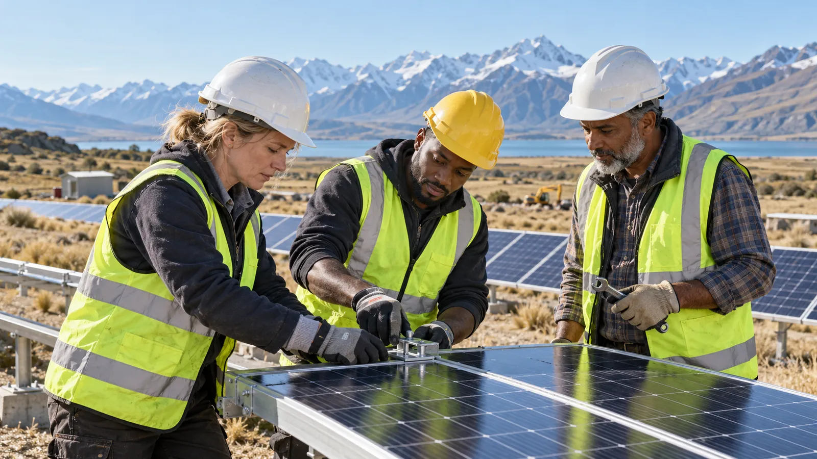 Three tradespeople fit a solar panel in New Zealand’s Mackenzie District, with a lake and snow-capped mountains behind them.
