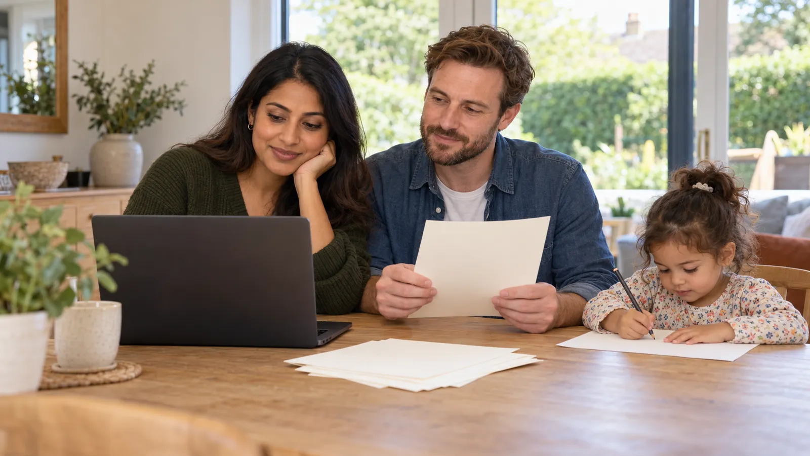 A couple review papers beside a laptop at their dining table while their young daughter draws in a bright family home.