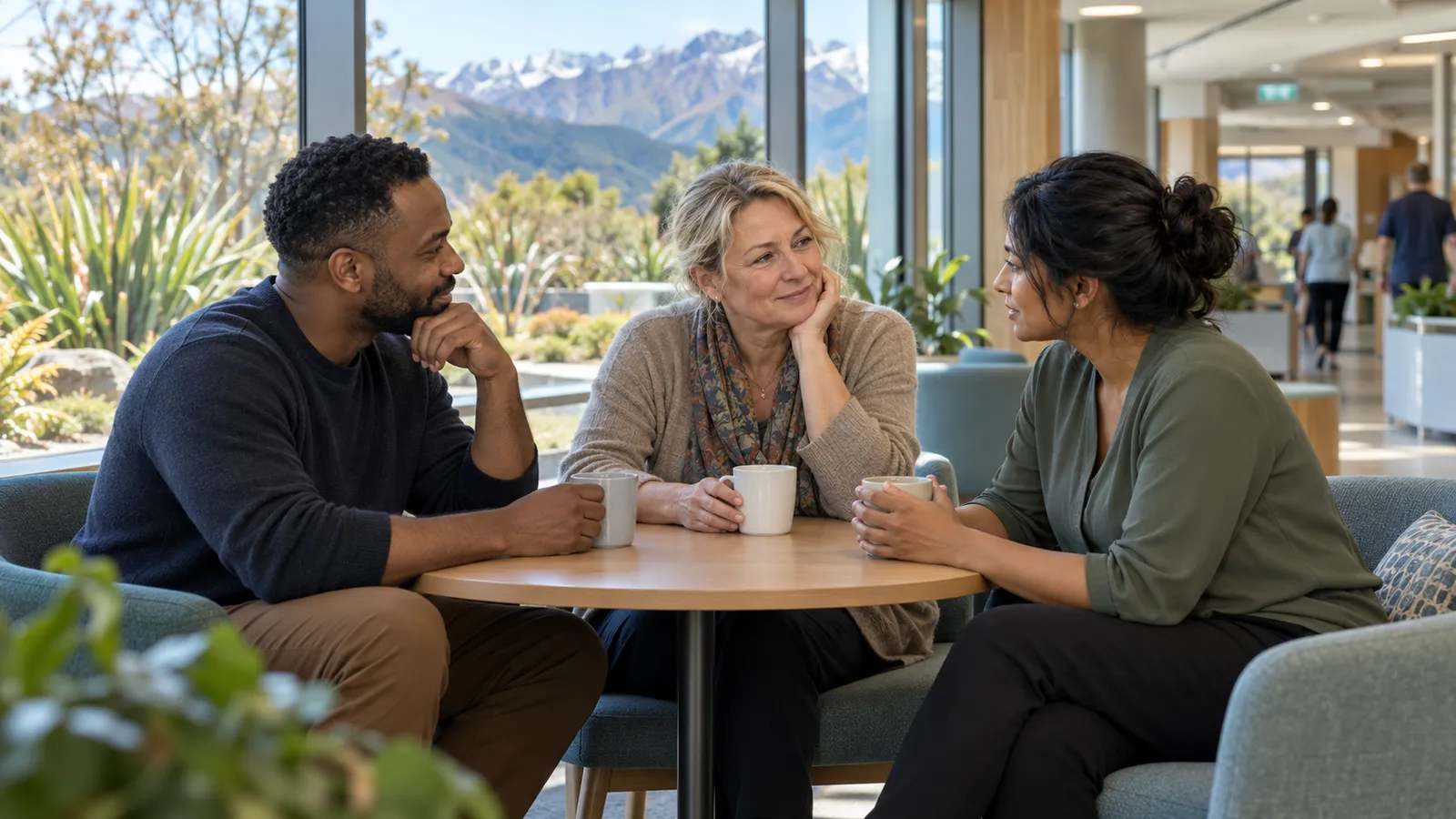 Three colleagues share a quiet conversation over mugs in a sunlit hospital lounge overlooking South Island mountains.