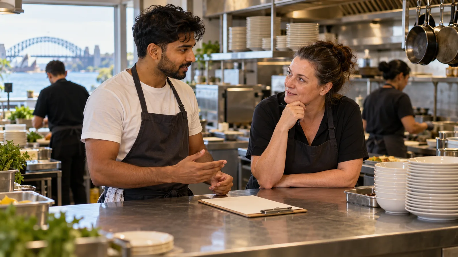 A chef talks with his kitchen manager at the counter of a Sydney restaurant kitchen before service.