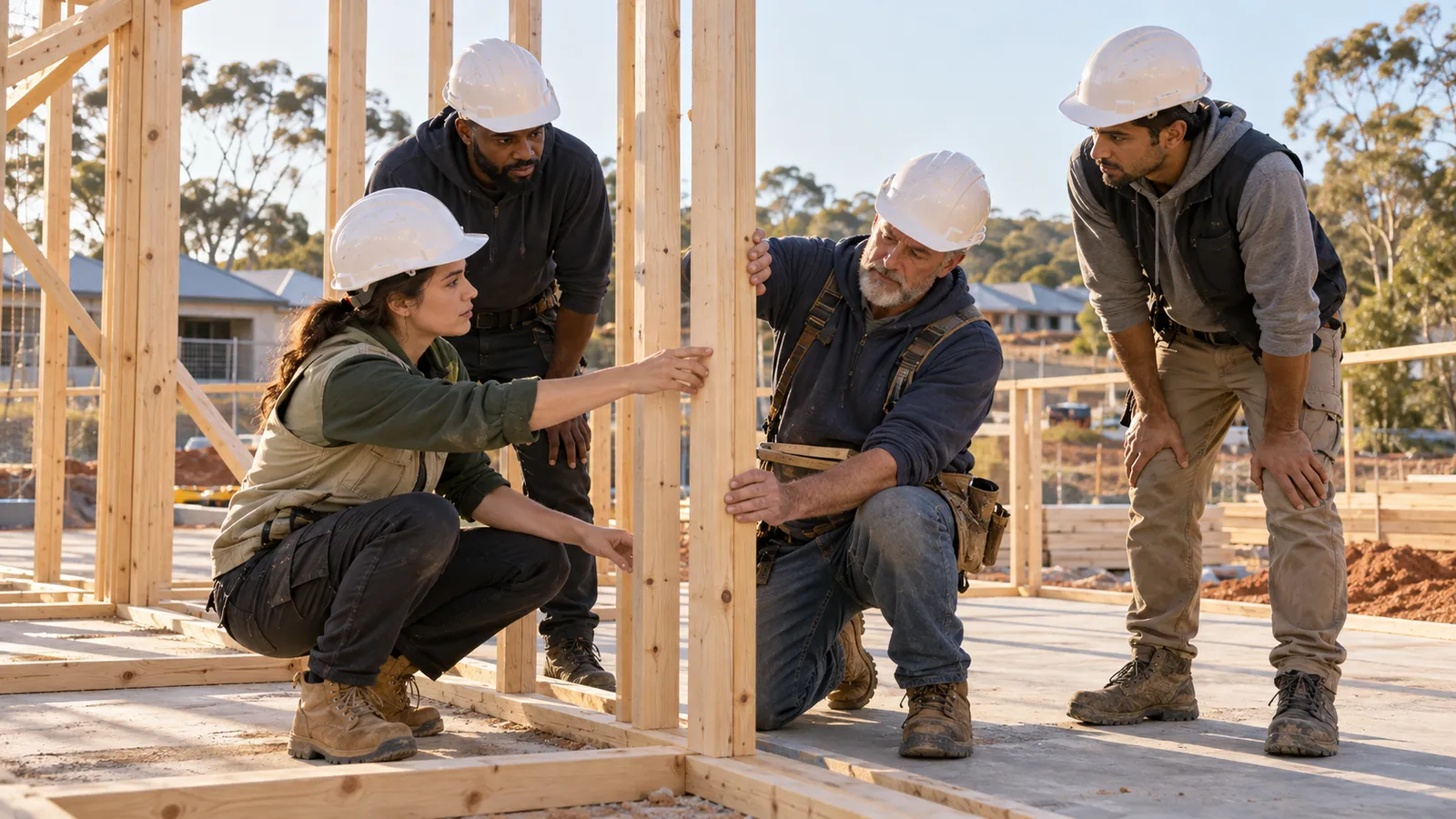 Four construction workers in hard hats examine a timber wall frame together at a sunlit Australian building site.