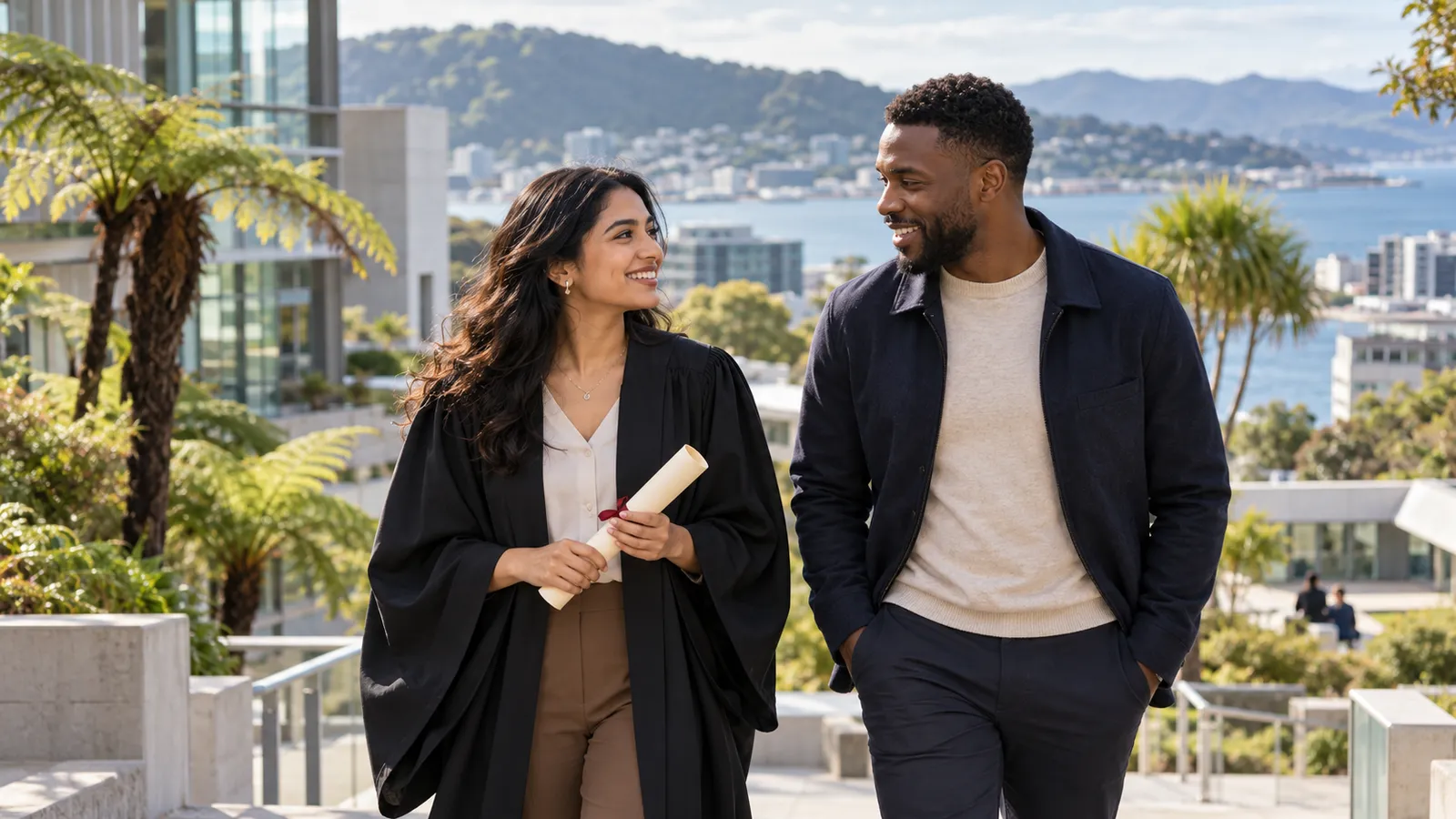 A graduate holding a rolled diploma chats with a man on a sunny university campus overlooking Wellington harbour.