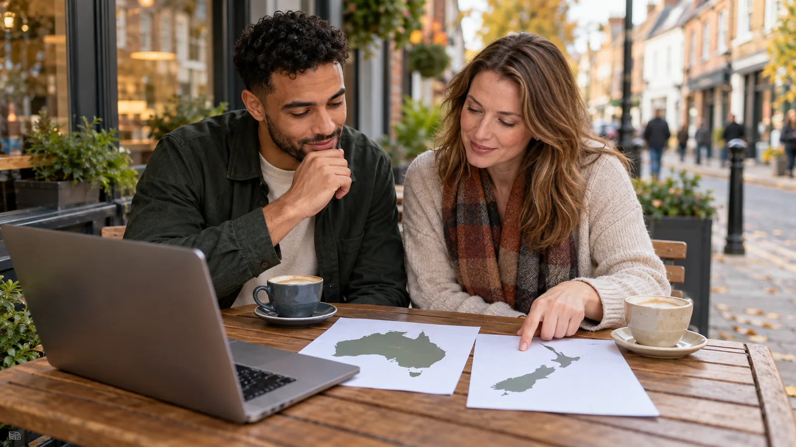 A couple at a UK café compare maps of Australia and New Zealand beside an open laptop.