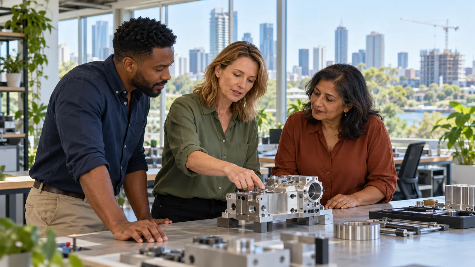 Three colleagues inspect a metal component in a sunlit engineering studio overlooking an Australian city skyline.