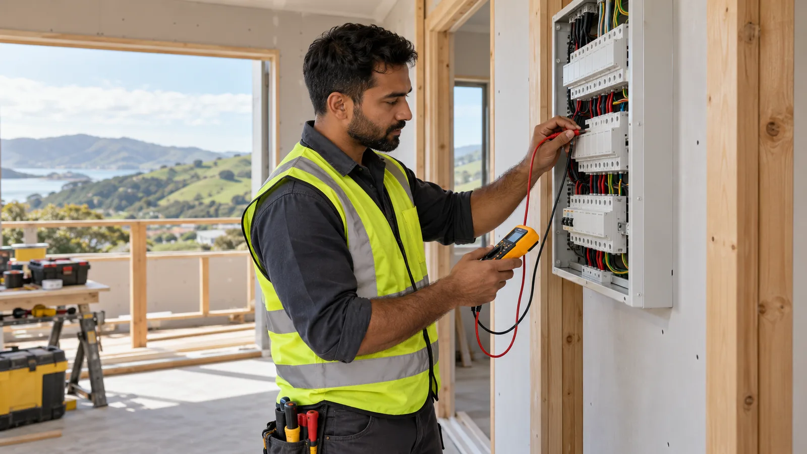 Electrician testing a switchboard in a half-finished New Zealand house with green hills beyond the window.