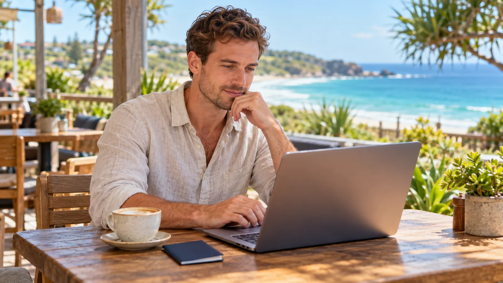 A young British man uses a laptop at an Australian coastal café, with coffee and a blank travel booklet on the table.