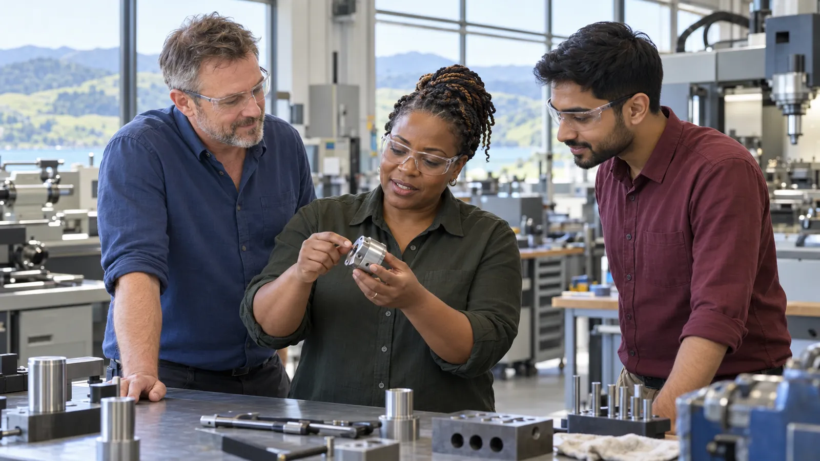 A technician explains a machined metal component to two colleagues in a bright New Zealand engineering workshop.