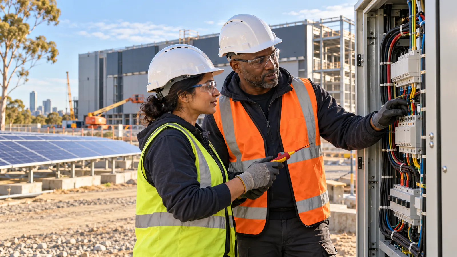 Two electricians inspect an electrical cabinet at an Australian data centre construction site, with solar panels behind them.