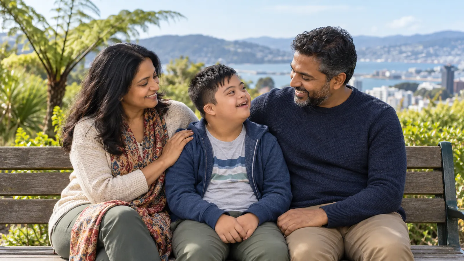 A boy with Down syndrome smiles with his parents on a garden bench overlooking Wellington Harbour.