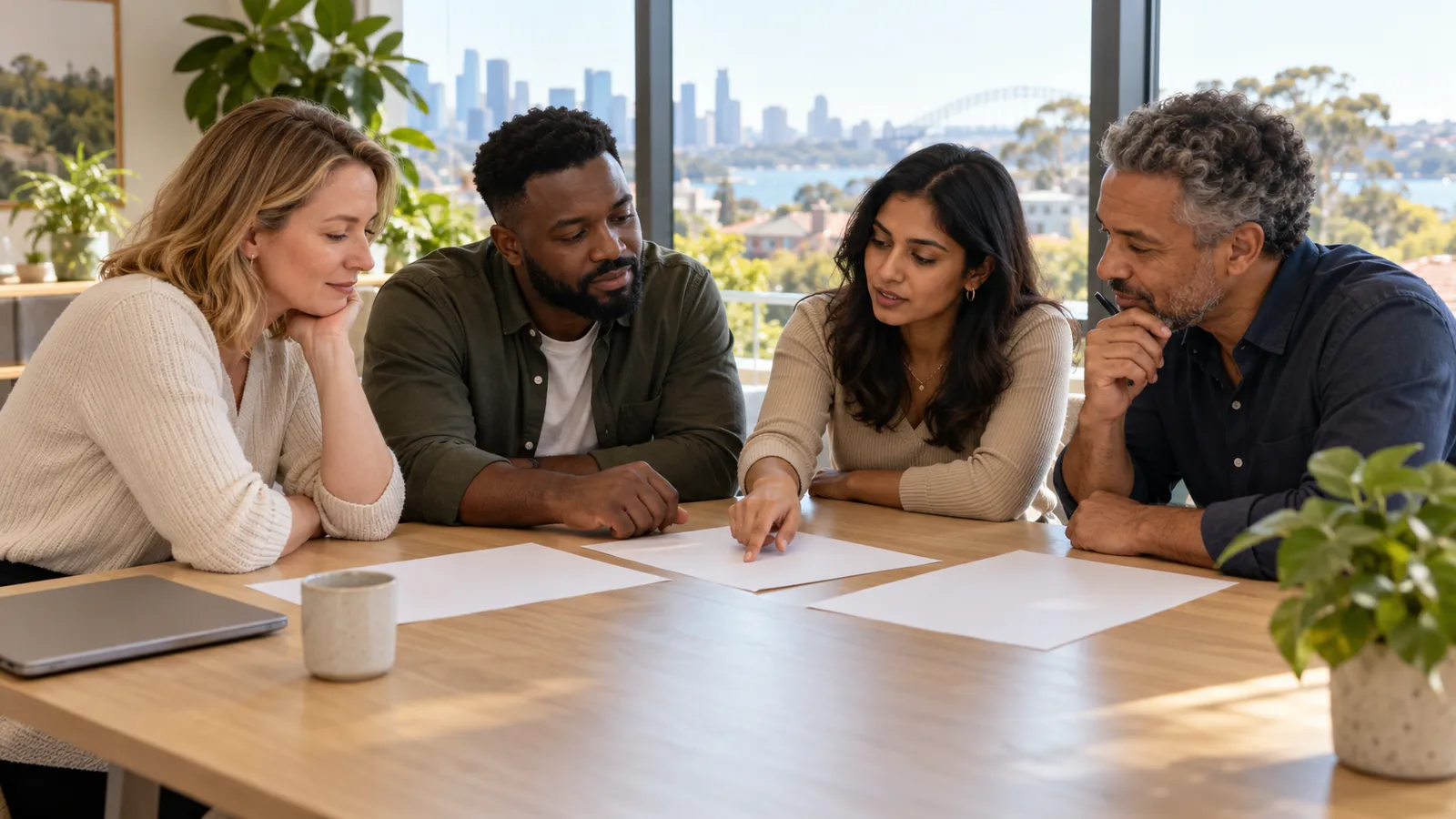 Four adults discuss papers around a wooden table in a sunlit office overlooking Sydney Harbour.