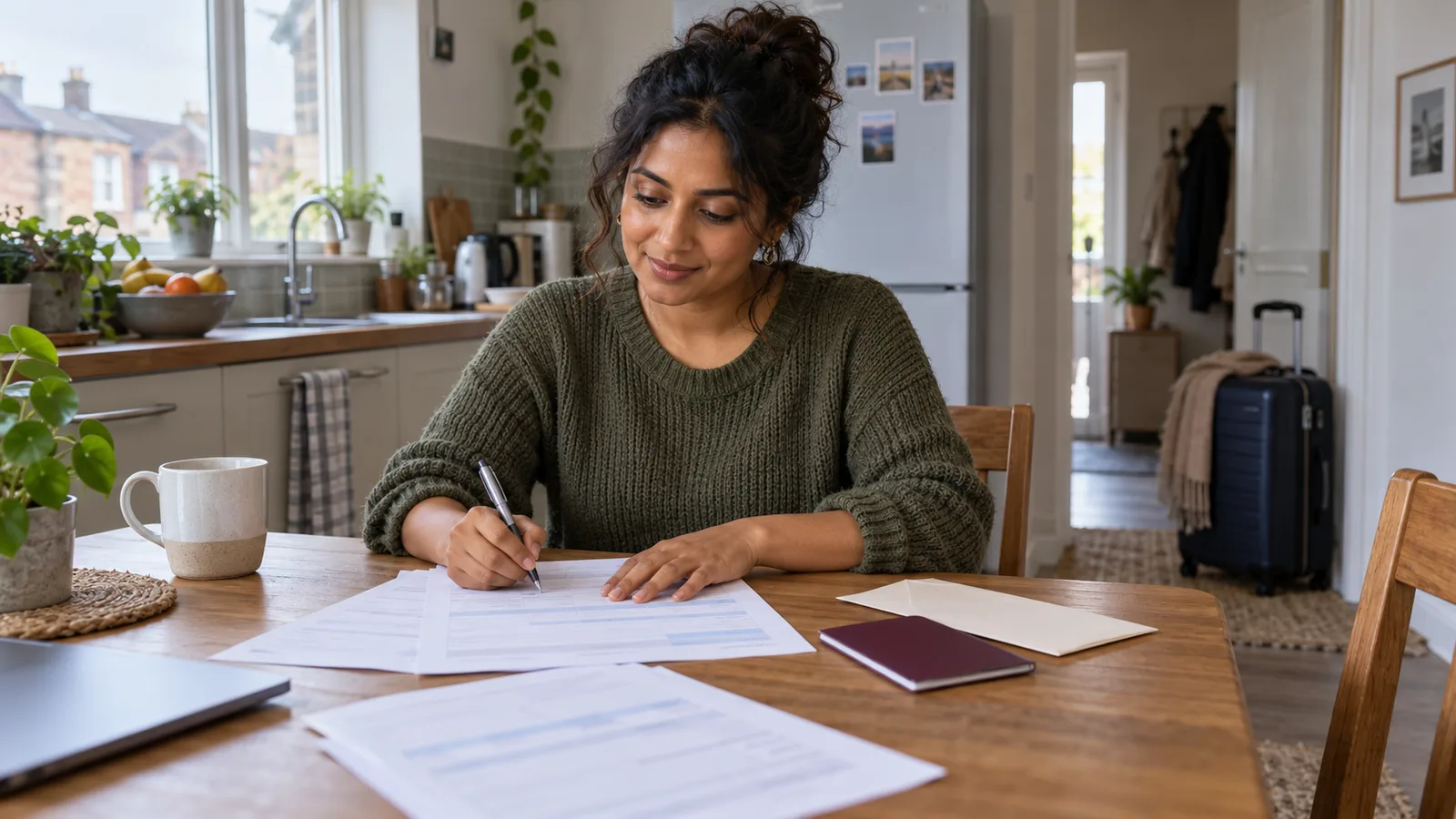 A woman fills in a form at her kitchen table beside an envelope and passport, with a suitcase by the door.