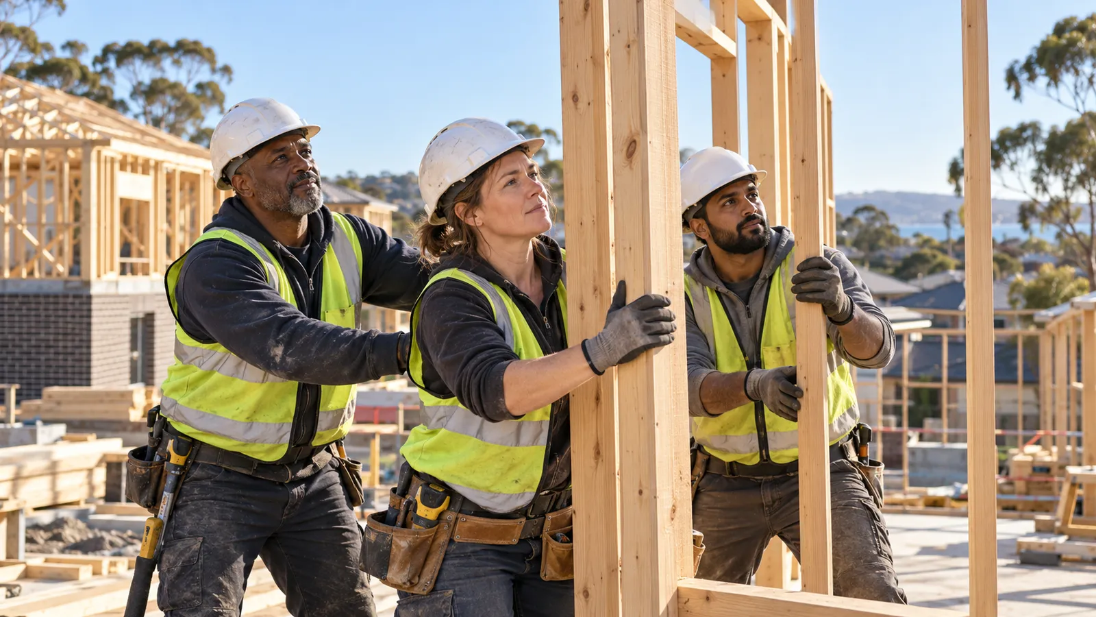 Three builders in hard hats and high-visibility vests position a timber wall frame at a sunny Australian housing site.