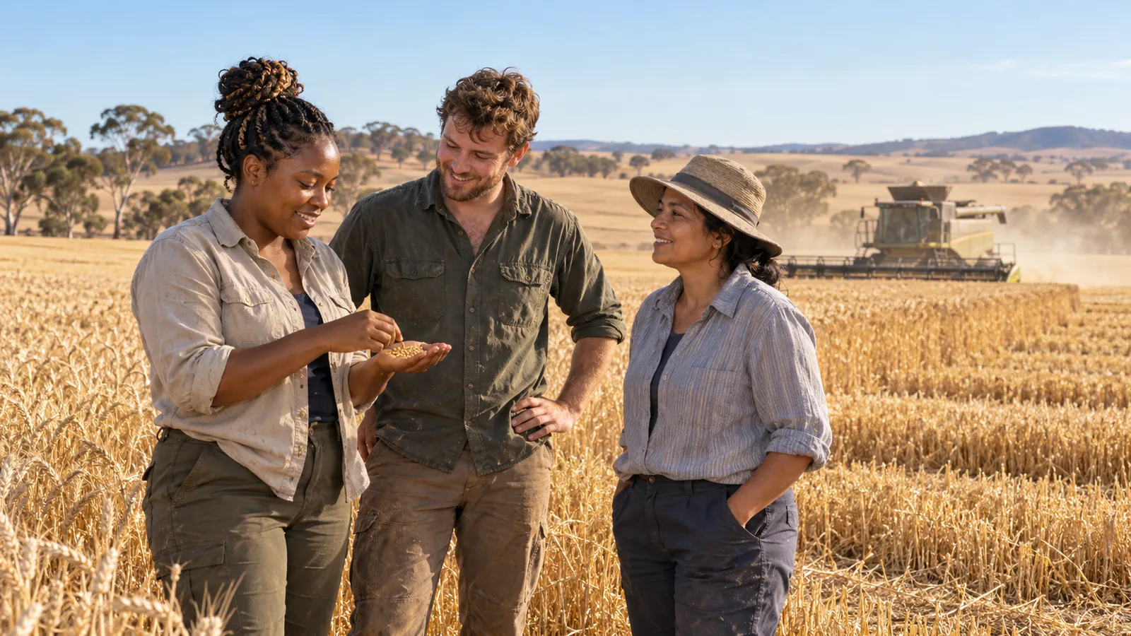 Three farm workers inspect grain in a sunlit Australian wheat field as a combine harvester works behind them.